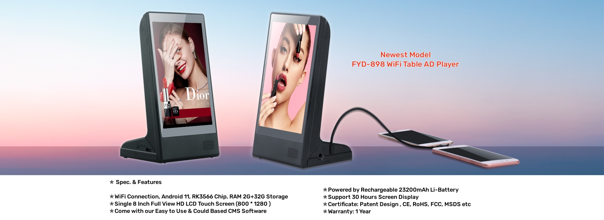 FYD-898 WiFi 8 Inch Table Advertising Player